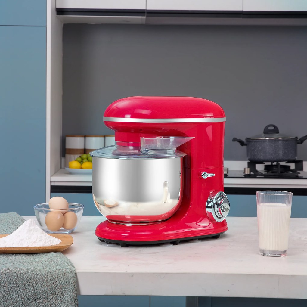 Mixer planetar HOMCOM cu 6 viteze de 1200W, cu bol 5.5l, carlig framantare si 2 teluri, rosu | Aosom RO