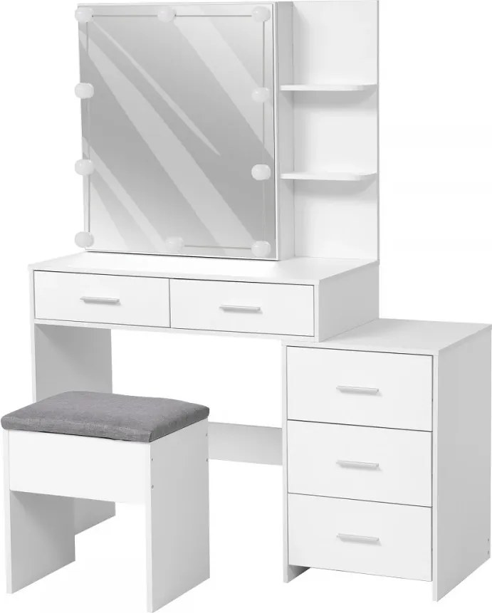 Set ELARA – Masă de Toaletă pentru Machiaj, Oglinda Glisantă cu spații de depozitare ascunse, Becuri LED, Iluminare reglabilă, 5 sertare, Rafturi, Scaun, Alb