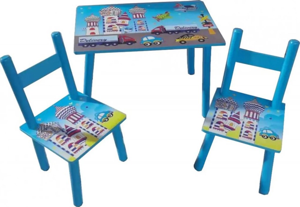 Masuta copii din MDF cu doua scaune Novokids™ My first table, Dimensiuni 59X39X40, Suprafata lucioasa, Model masinute, Albastru