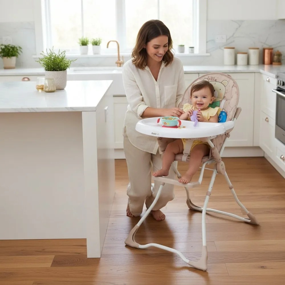 Scaun de masa pentru copii si bebe Baby Care™ CH ,Pliabil, Centura de siguranta, Sezut comfortabil, Masuta detasabila, Model Ursulet , Beige