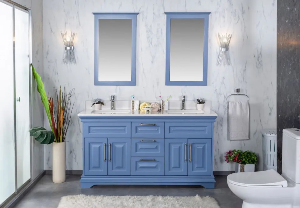 Set Mobilier Baie Huron 60, Include Dulap Baza cu Lavoar Dublu și 2 Oglinzi, 150 cm, Albastru