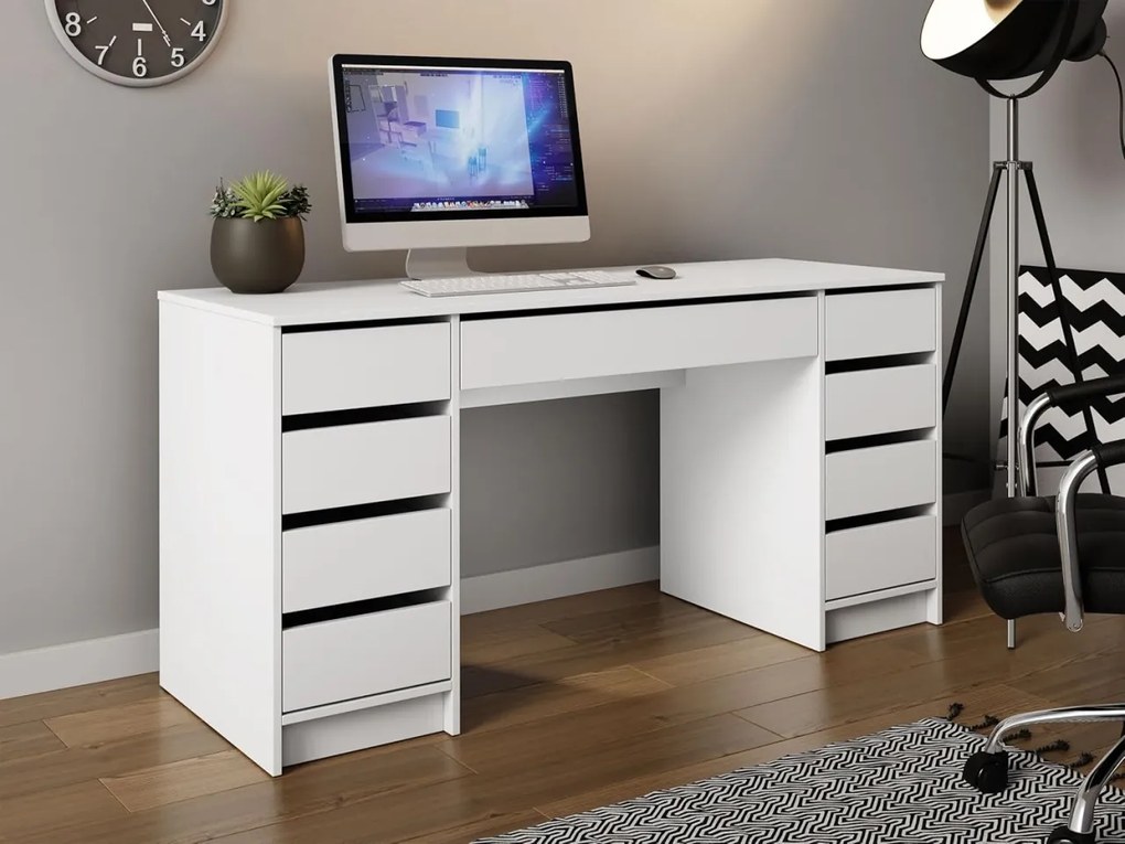 BIA8 - Birou 154 cm, masa de calculator cu 9 sertare, office - Alb / Negru / Crem / Alb Lucios / Gri / Culoarea Stejar