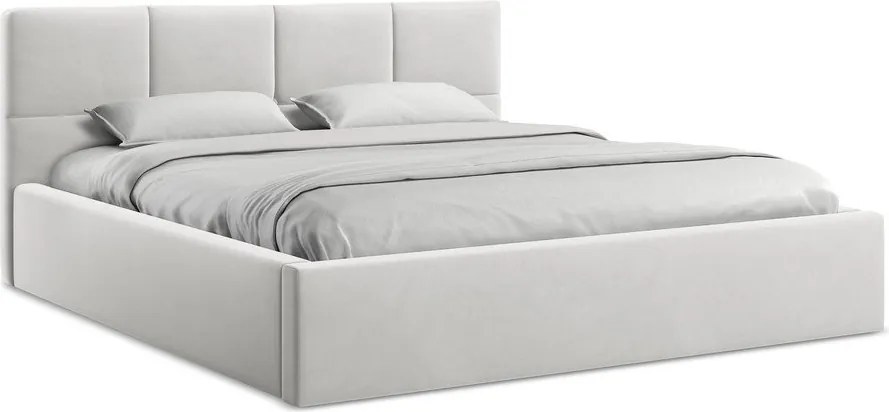 Pat matrimonial gri deschis tapițat din catifea cu spațiu de depozitare cu somieră 140x200 cm Hiko – Makamii