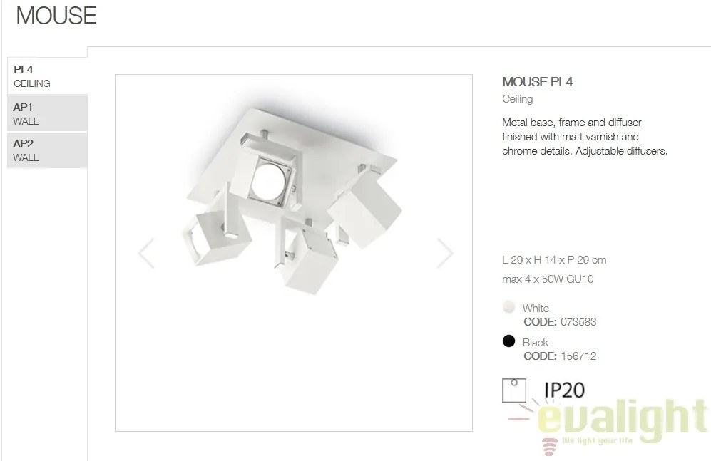 Plafoniera design modern cu 4 spoturi directionabile MOUSE PL4 alba 073583