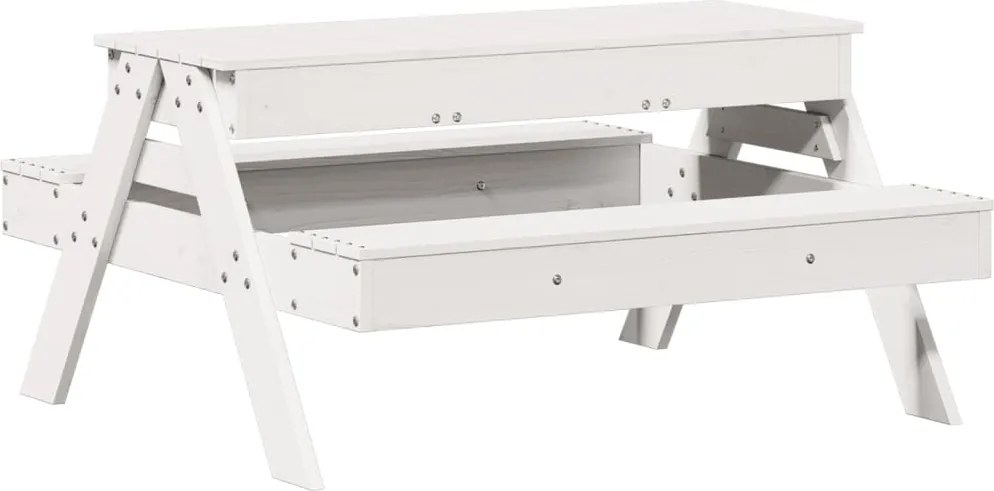vidaXL Masă picnic cu groapă de nisip pentru copii alb, lemn masiv pin