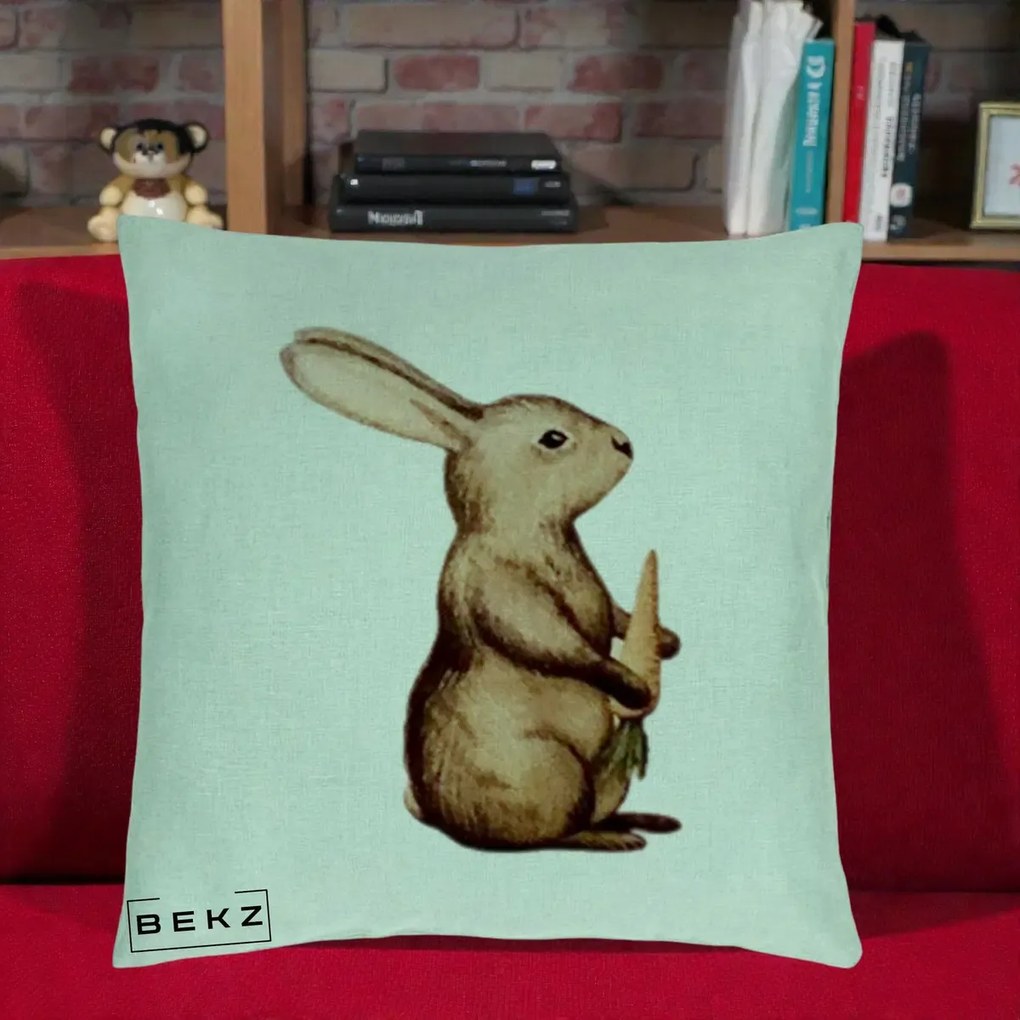 Perna Decorativa Iepuras Acuarela cu Morcov, 40x40 cm, Verde Menta, Husa Detasabila, Perna Inclusa, BEKZ®