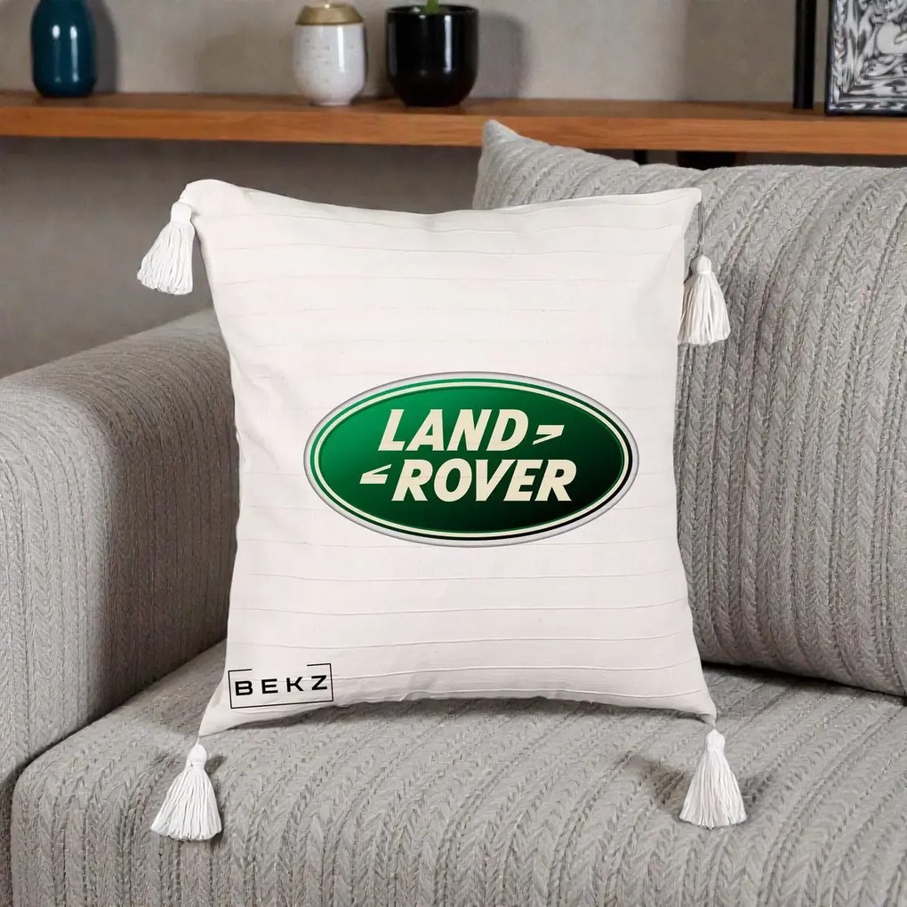 Perna Personalizata cu emblema Land Rover, 40x40 cm, Bej cu Franjuri, Husa Detasabila, Perna Inclusa, BEKZ®