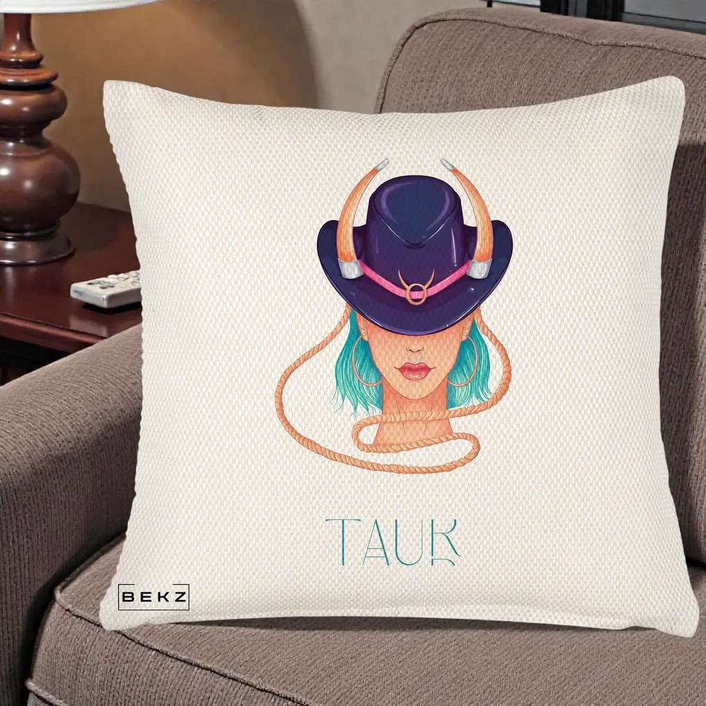 Perna Personalizata Zodie Taur, 40x40 cm, Crem Reliefat, Husa Detasabila, Perna Inclusa, BEKZ®