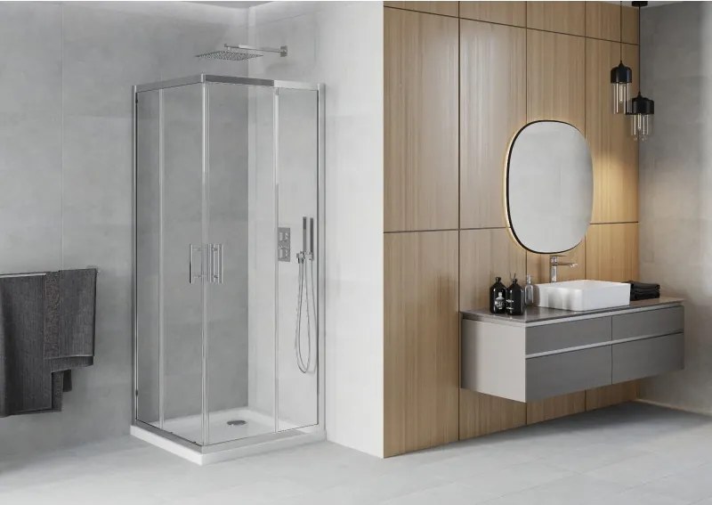Mexen Rio cabina de duș pătrată 90 x 90 cm, transparentă, cromată + cadă Flat, albă - 860-090-090-01-00-4010