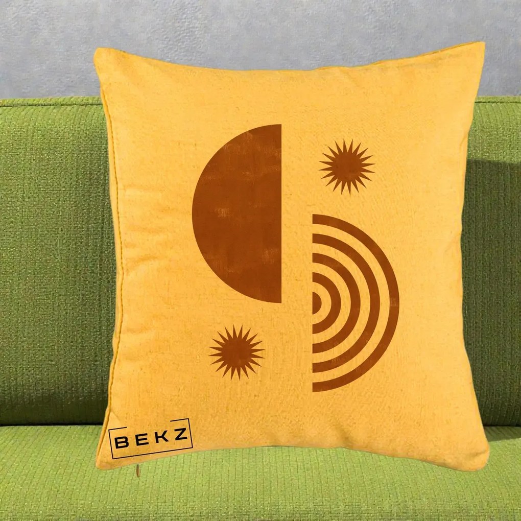Perna Decorativa Boho Sun si Spirala, 40x40 cm, Galben, Husa Detasabila, Perna Inclusa, BEKZ®