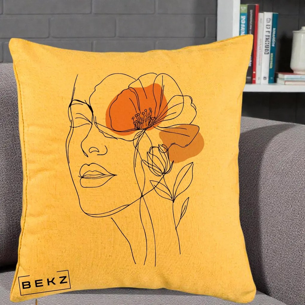 Perna Decorativa Portret Feminin Mac Profilat, 40x40 cm, Galben, Husa Detasabila, Perna Inclusa, BEKZ®