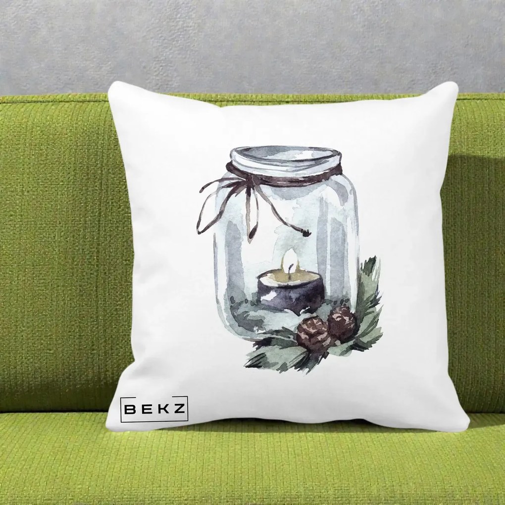 Perna Decorativa Felinar cu Lumanare si Conuri, 40x40 cm, Alba Mata, Husa Detasabila, Perna Inclusa, BEKZ®