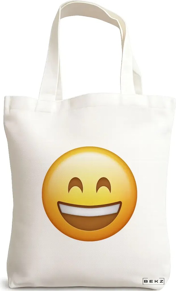 Sacosa de Panza pentru Cumparaturi, Geanta Tote, model Happy Emoji, 38x34.5 cm, Alba, BEKZ®