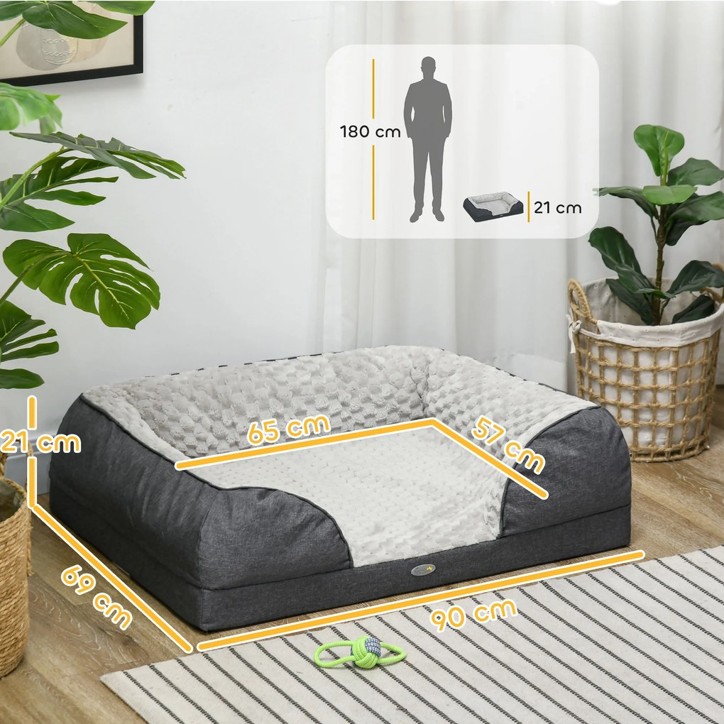 PawHut Pat pentru Câini cu Pernă Detașabilă Lavabilă și Bază Antiderapantă, 90x69x21 cm, Gri Cărbune | Aosom Romania