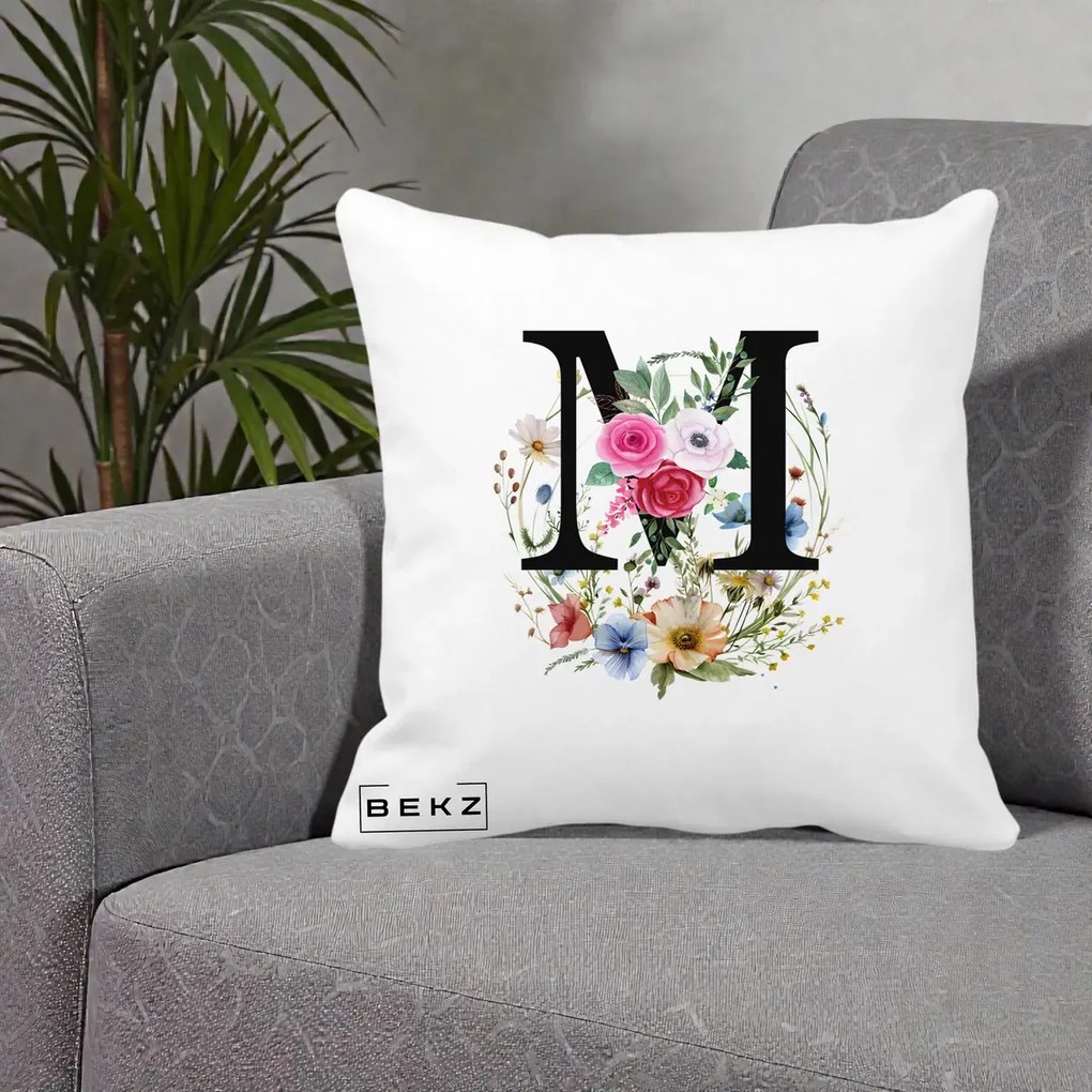 Cadou Personalizat - Perna Personalizata Monogram Litera M cu Flori Acuarela, 40x40 cm, Alba Mata, Husa Detasabila, Perna Inclusa, BEKZ®