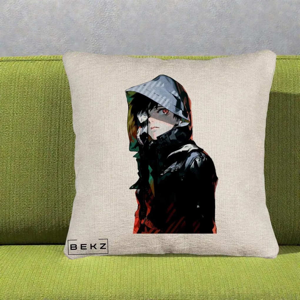 Perna Personalizata Tokyo Ghoul Ken Kaneki cu Masca si Gluga, 40x40 cm, Bej Canapea, Husa Detasabila, Perna Inclusa, BEKZ®