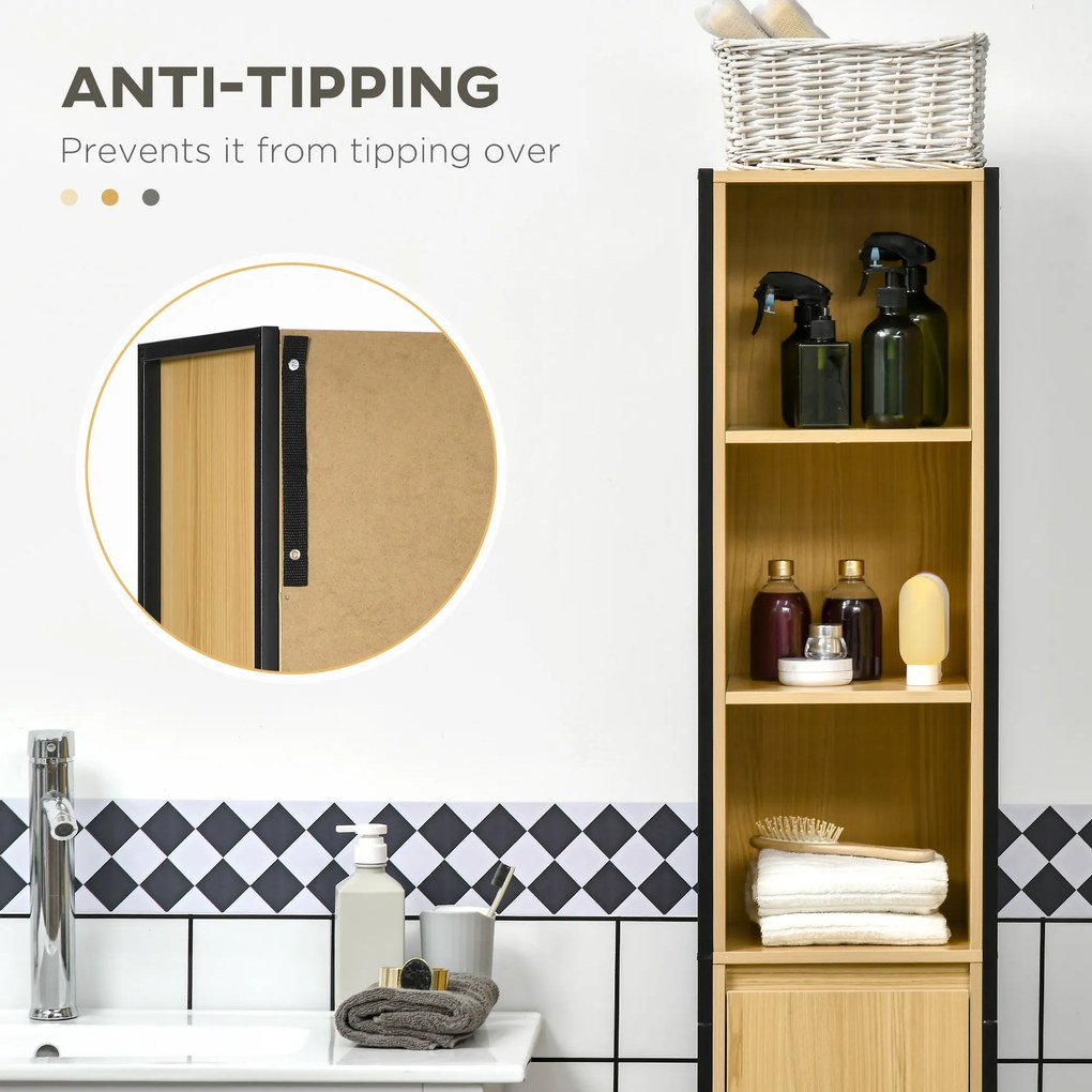 Kleankin Dulap Înalt de Baie Multifuncțional, Design Modern Negru și Natural | Aosom Romania