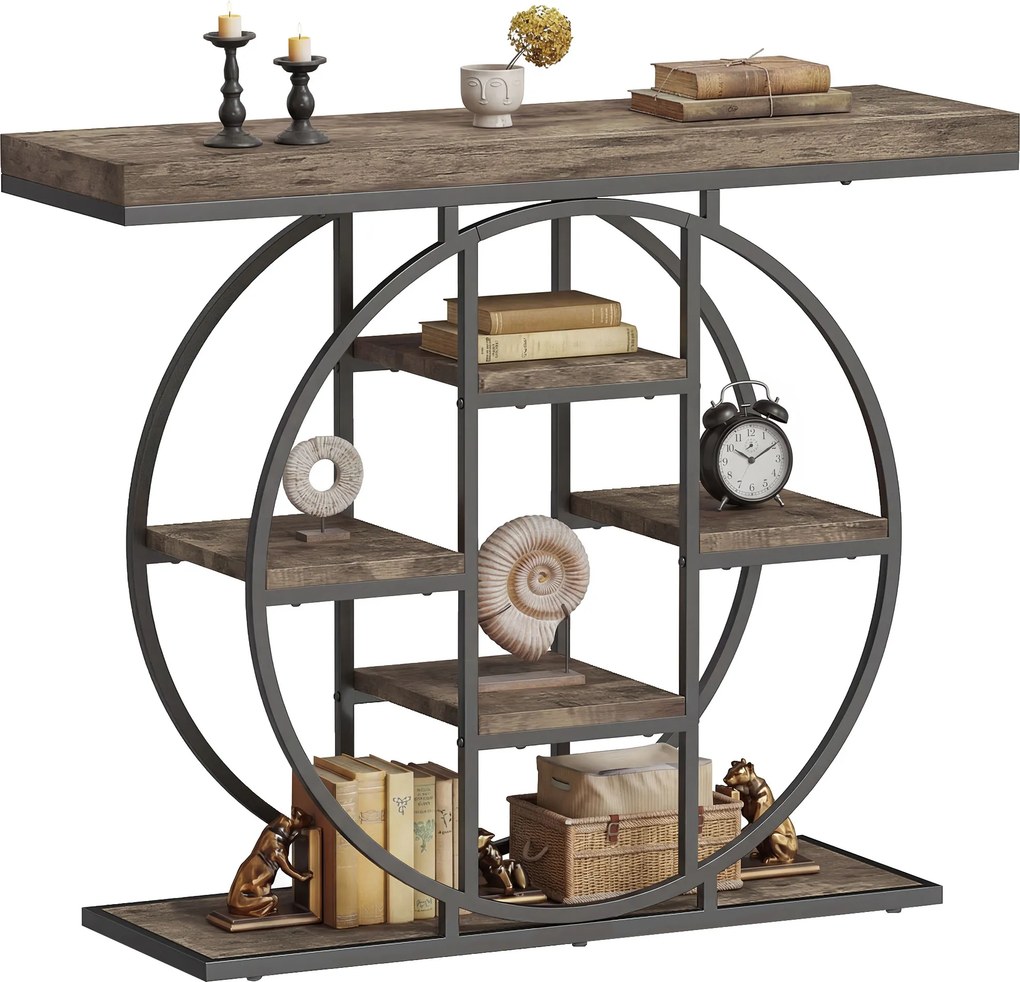 HOMCOM Masă consolă industrială cu rafturi și cadru circular din oțel, 100 x 30 x 81,5 cm, maro rustic | Aosom Romania
