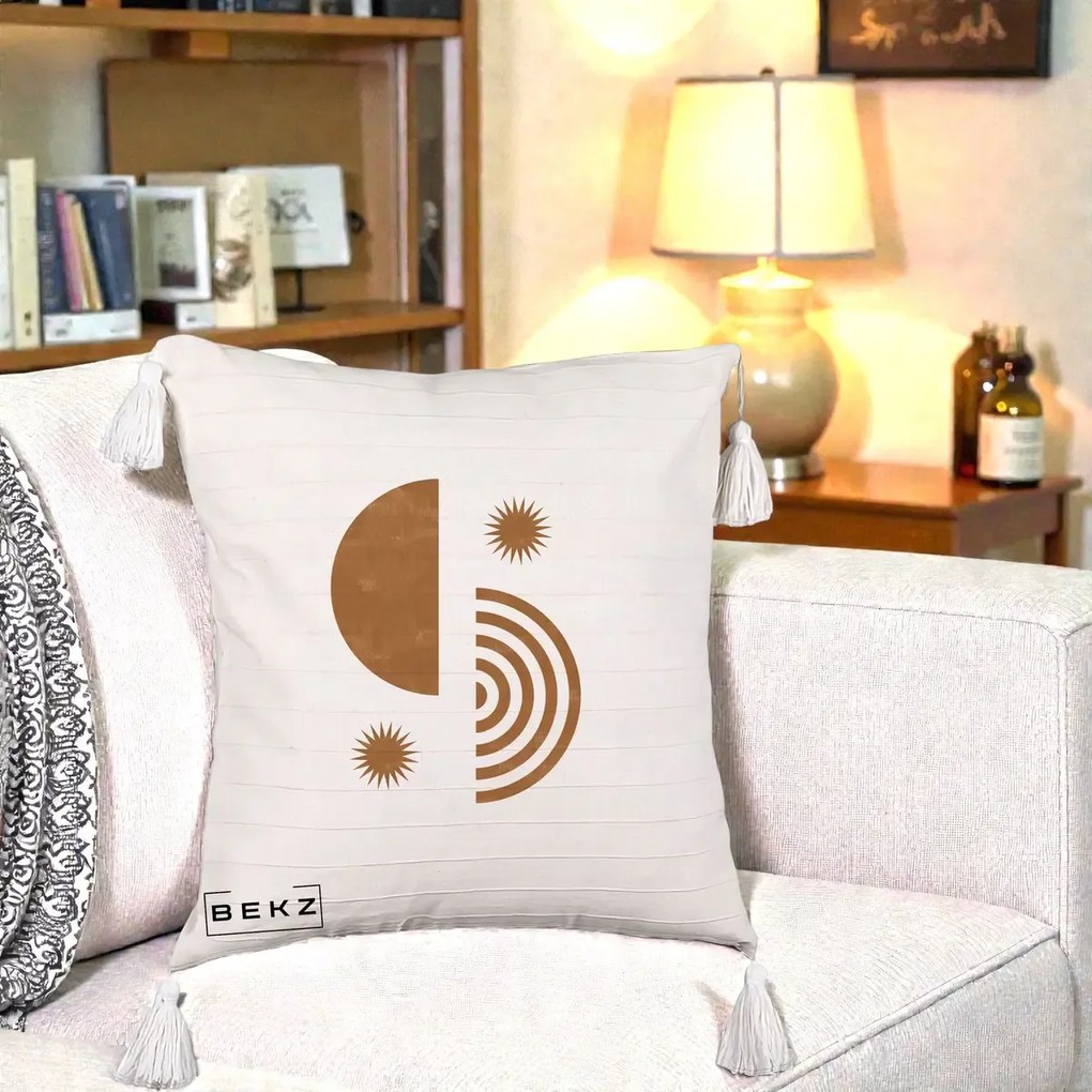 Perna Decorativa Boho Sun si Spirala, 40x40 cm, Bej cu Franjuri, Husa Detasabila, Perna Inclusa, BEKZ®