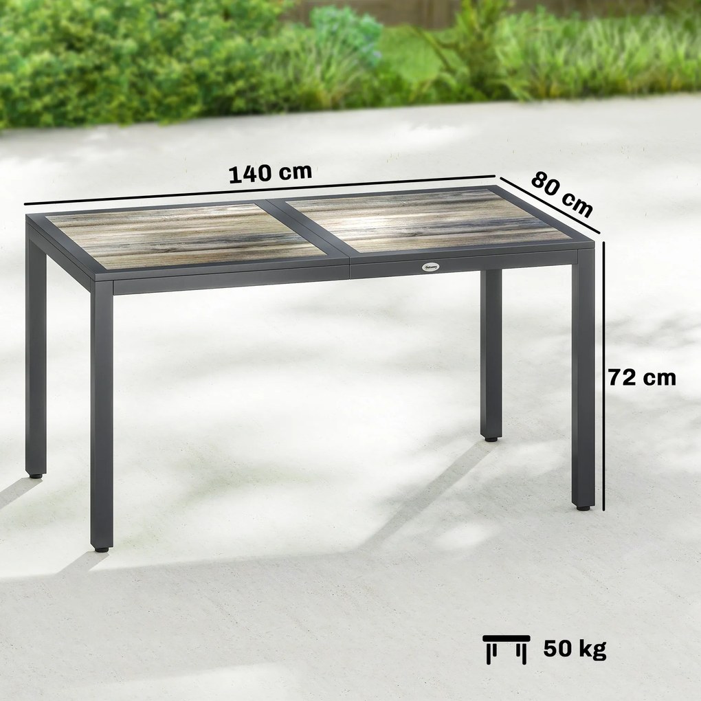 Outsunny Masă de grădină pentru 4–6 persoane, masă de exterior cu blat cu efect de lemn, 140 x 80 x 72 cm, gri închis | Aosom Romania