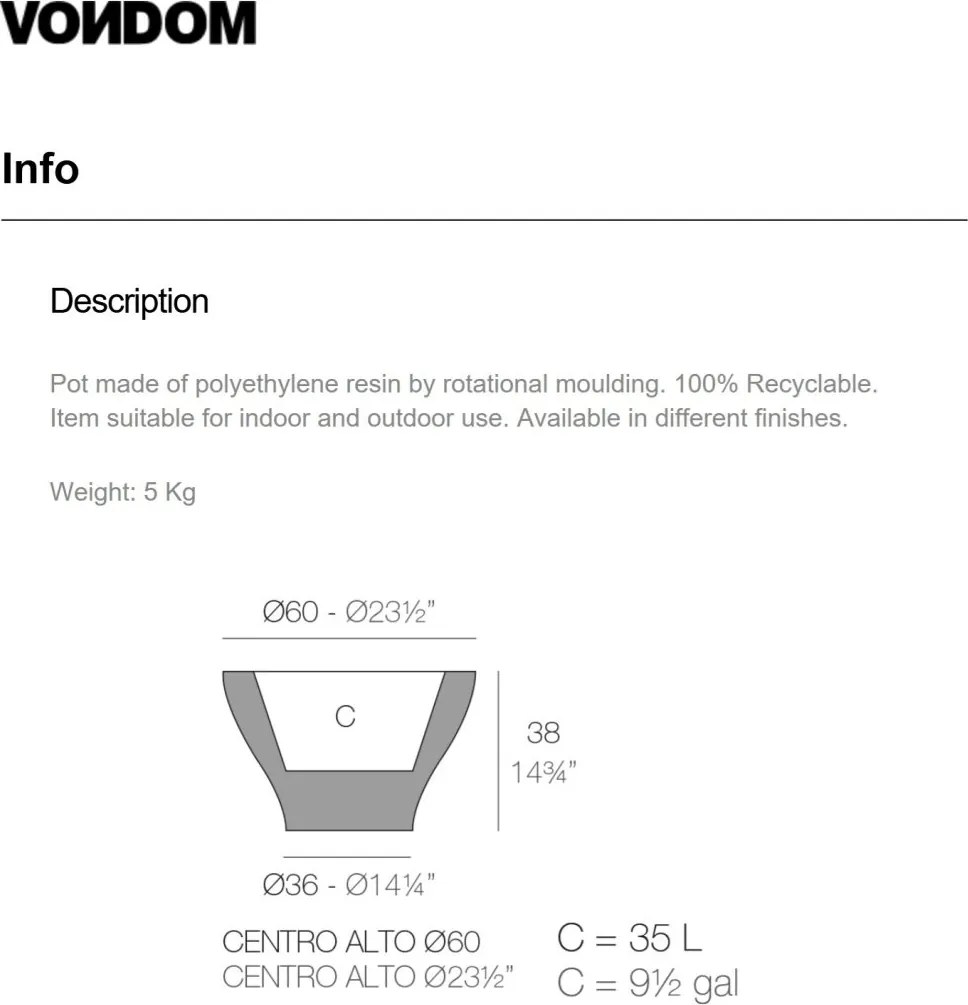 Ghiveci plante design decorativ modern exterior / interior HIGH CENTRE 60x38cm