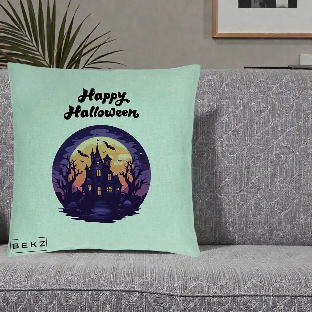 Perna Decorativa Happy Halloween Casa Bantuita Violet, 40x40 cm, Verde Menta, Husa Detasabila, Perna Inclusa, BEKZ®