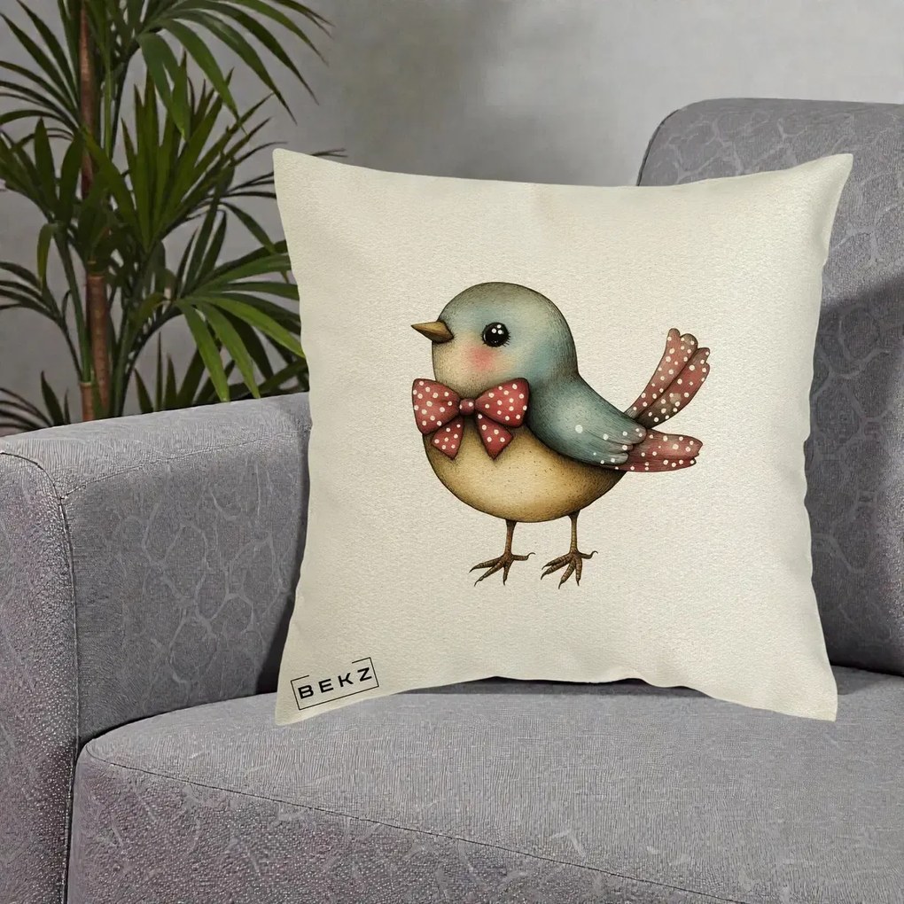 Perna Decorativa Pasare Bleu cu Fundita Rosie, 40x40 cm, Ecru, Husa Detasabila, Perna Inclusa, BEKZ®