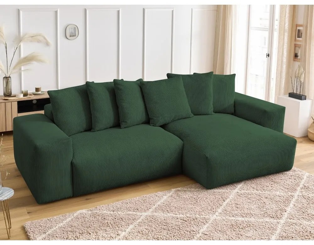 Colțar verde extensibil/cu spațiu de depozitare cu tapițerie din catifea reiată Voltaire – Bobochic Paris