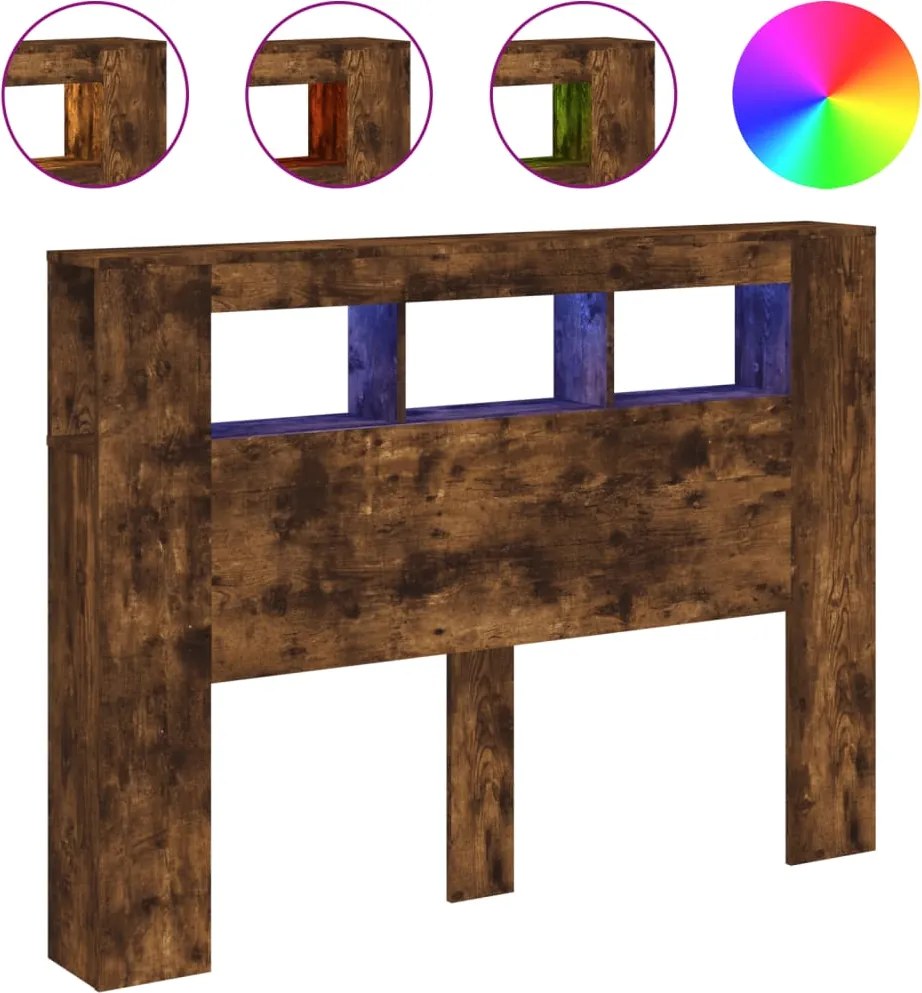 vidaXL Tăblie de pat cu LED, stejar fumuriu, 140x18,5x103,5 cm, lemn