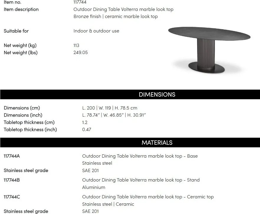 Masa pentru exterior si interior design LUX Volterra, 200x119cm
