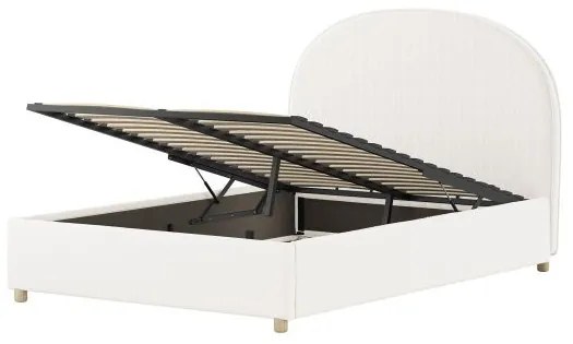 Set MOON: pat tapițat pentru copii 90 x 200 cm, alb, cu țesătură bouclé și spațiu de depozitare + taburet alb multifuncțional – Vipack
