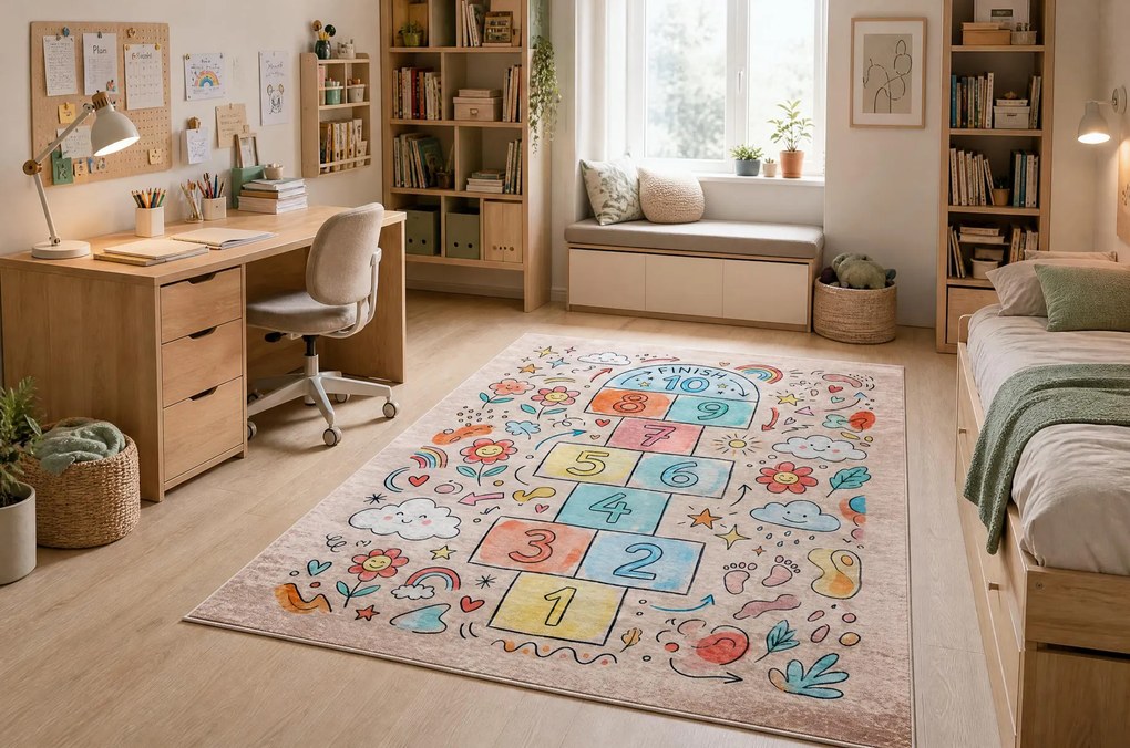 BAMBINO 61470 covor lavabil Grădină hopscotch, Flori, numere pentru copii anti-alunecare - roz / albastru