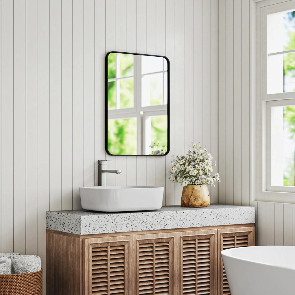 HOMCOM Oglindă de Baie 60 x 80 cm Oglindă Decorativă de Perete cu Ramă Metalică și Cârlig Ușor de Agățat pentru Sufragerie, Hol, Intrare - Negru | Aosom Romania