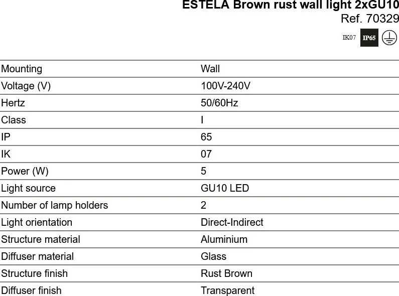 Aplica perete exterior IP65, 2xGU10 ESTELA maro ruginiu