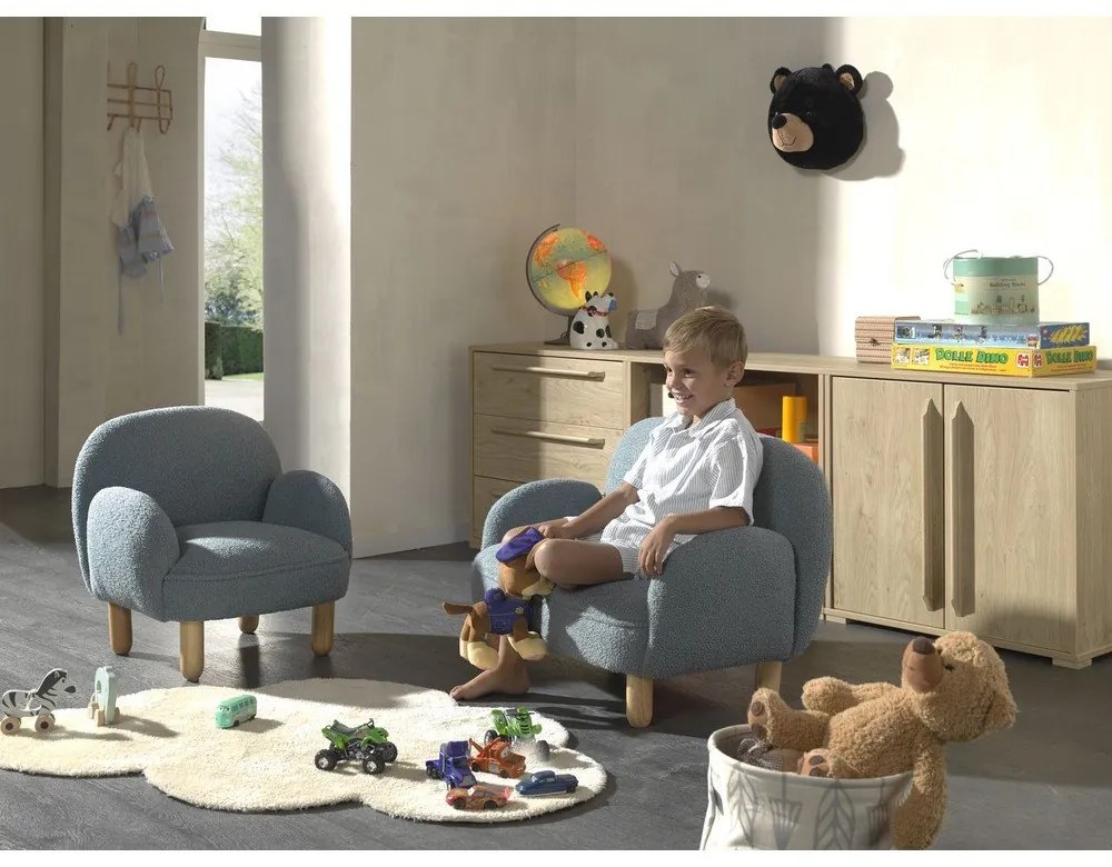 Fotoliu de copii albastru cu tapițerie din țesătură bouclé Rocky – Vipack