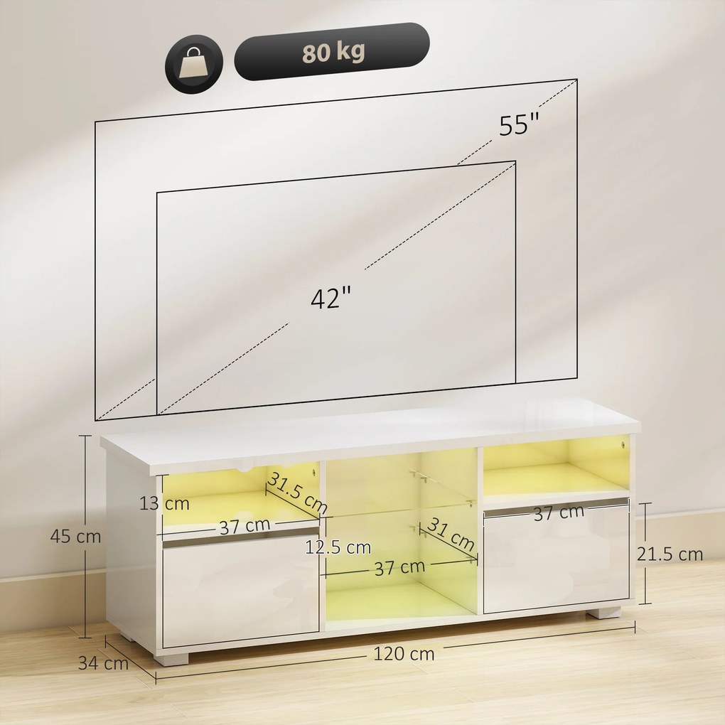 HOMCOM Suport TV 120 cm, suport televizor pentru televizoare de până la 55 inch cu iluminare LED și telecomandă, rafturi din sticlă alb | Aosom Romania