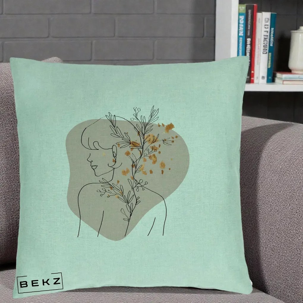 Perna Decorativa Femeie cu Flori Line Art Boho, 40x40 cm, Verde Menta, Husa Detasabila, Perna Inclusa, BEKZ®