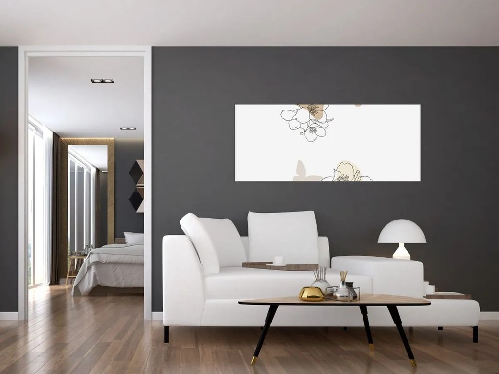 Tablou - Flori bej cu fluture N⁰2 (120x50 cm)