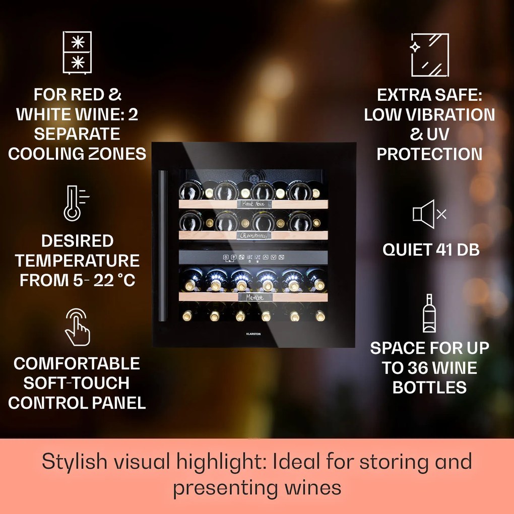 Klarstein Vinsider 36 Onyx Edition, vinotecă, 85 l, 5-22°C, 2 zone.