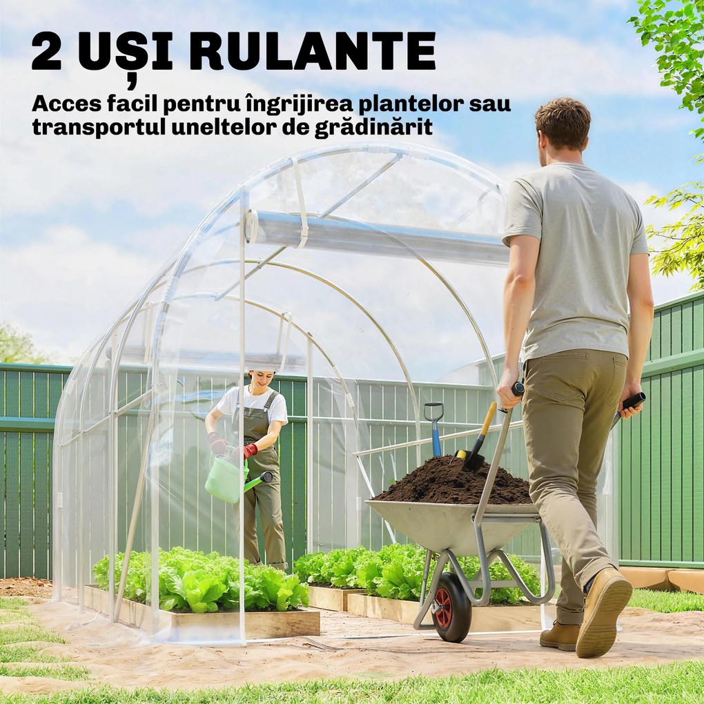 Outsunny Seră de Grădină Tip Tunel 2x3x2 m cu 2 Uși Rulabile, Seră pentru Legume, Flori și Fructe, cu 4 Bare Diagonale, Cadru din Oțel și Acoperiș PE, Transparentă | Aosom Romania