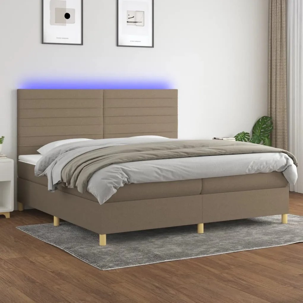 vidaXL Pat cu arcuri, saltea și LED, gri taupe, 200x200 cm, textil