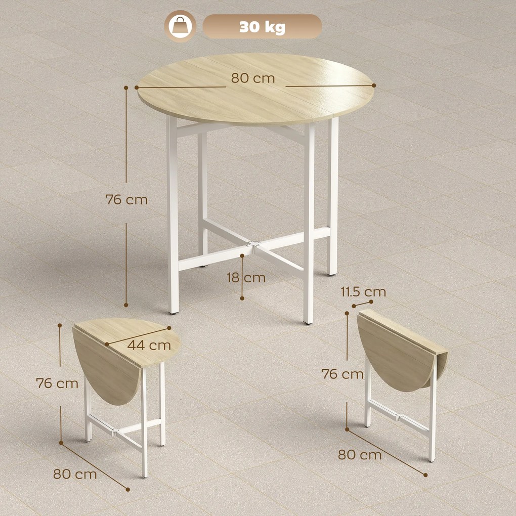 HOMCOM Masă pliabilă, masă rotundă pliabilă 80 cm cu cadru din oțel, loc pentru 2-4 persoane, aspect lemn natural | Aosom Romania