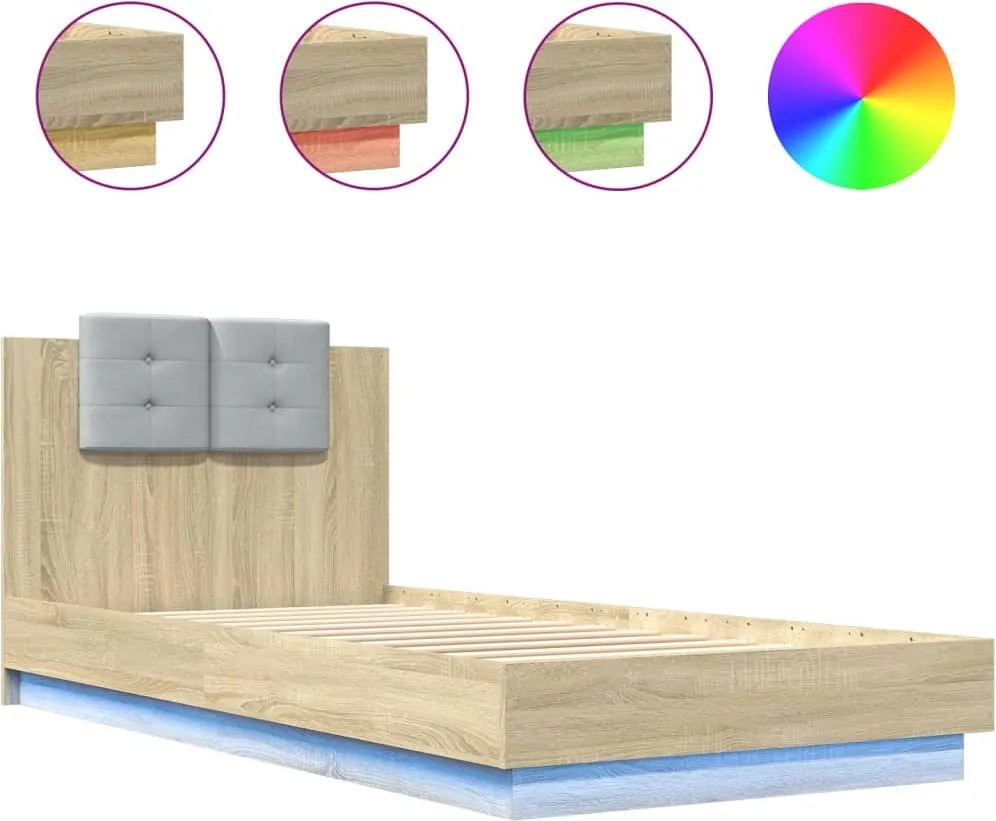 vidaXL Cadru de pat cu tăblie și LED, stejar sonoma, 100x200 cm