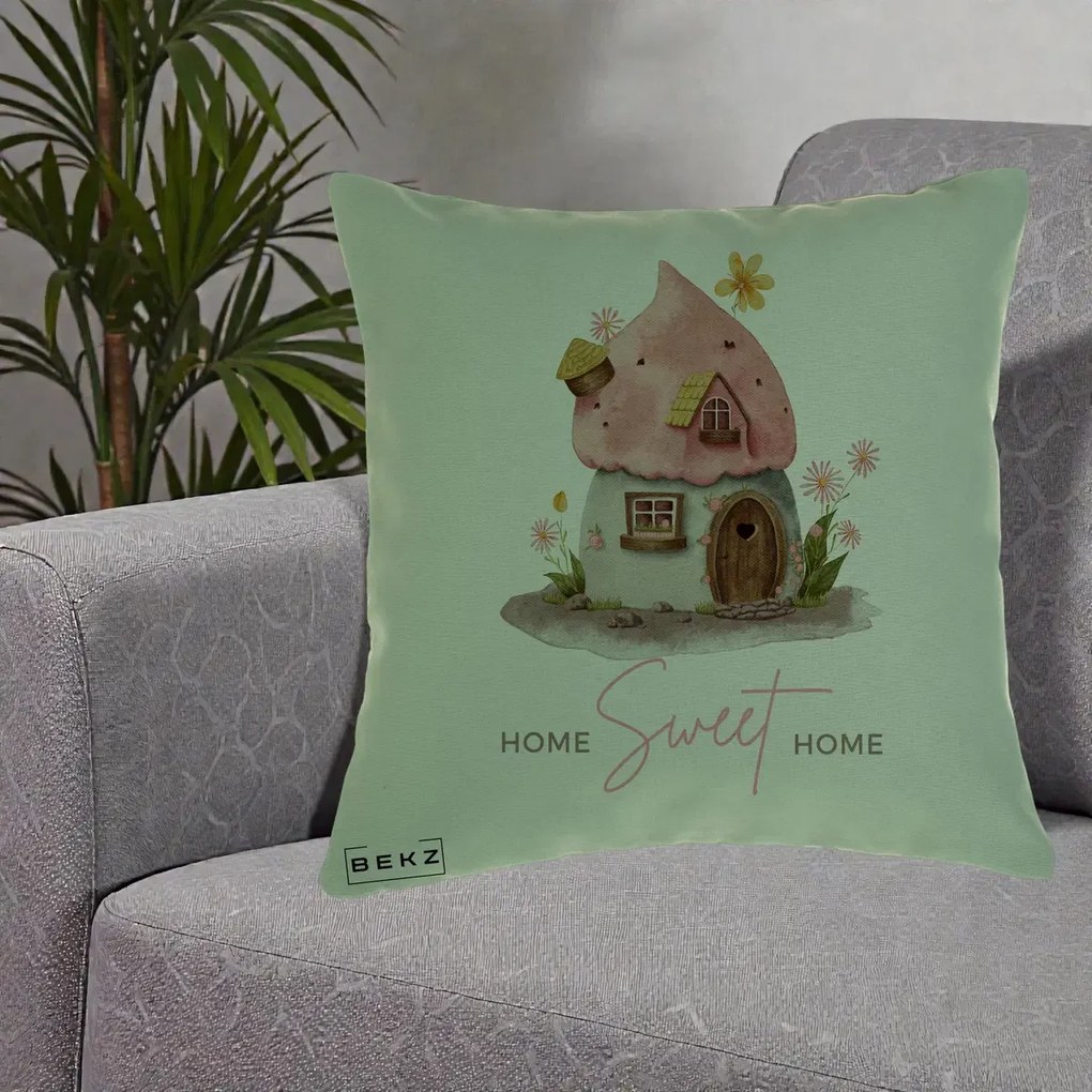 Perna Decorativa Home Sweet Home Casuta, 40x40 cm, Verde, Husa Detasabila, Perna Inclusa, BEKZ®