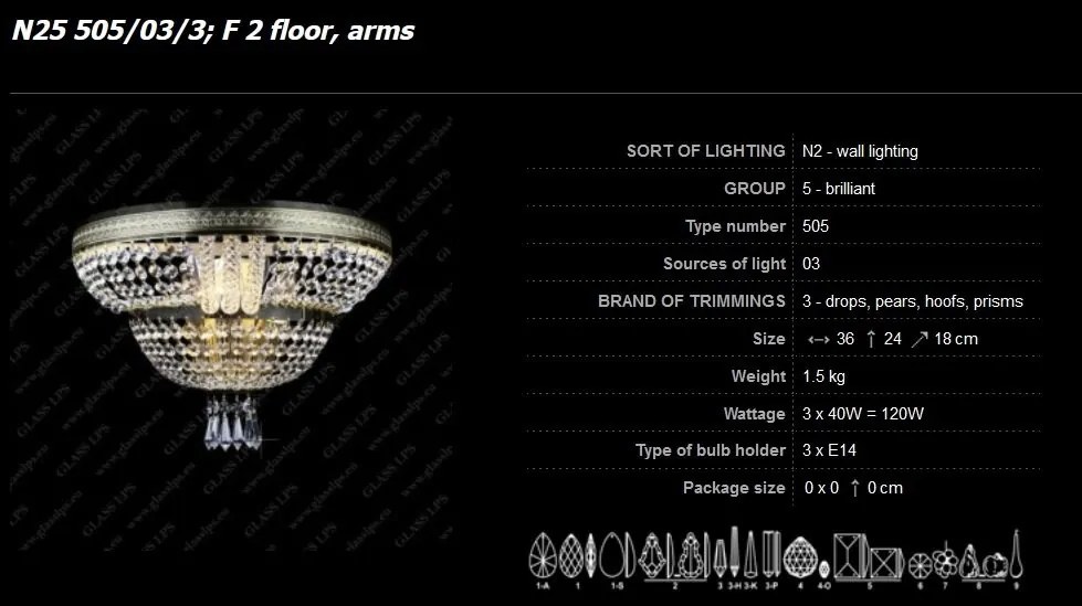 Aplica de perete cristal Bohemia N25 505/03/3, F 2 floor, arms