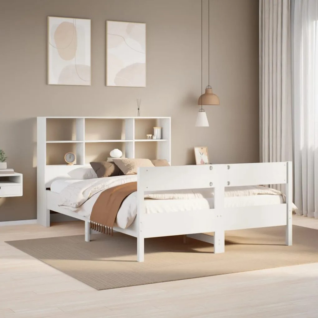 vidaXL Pat cu bibliotecă fără saltea, alb, 160x200 cm, lemn masiv pin