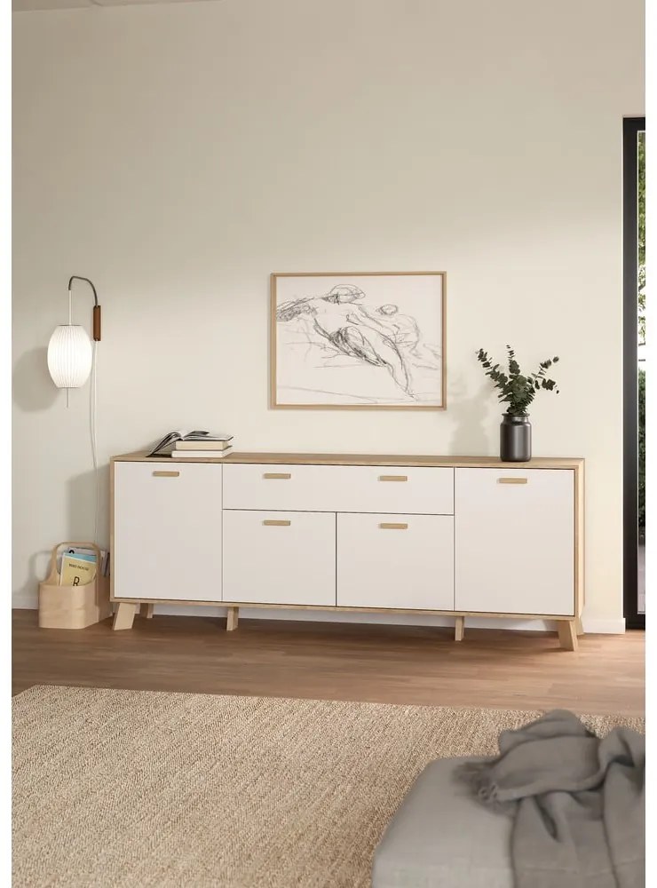 Comodă albă-în culoare naturală cu aspect de lemn de stejar 196x73x39 cm Ikast – Tvilum