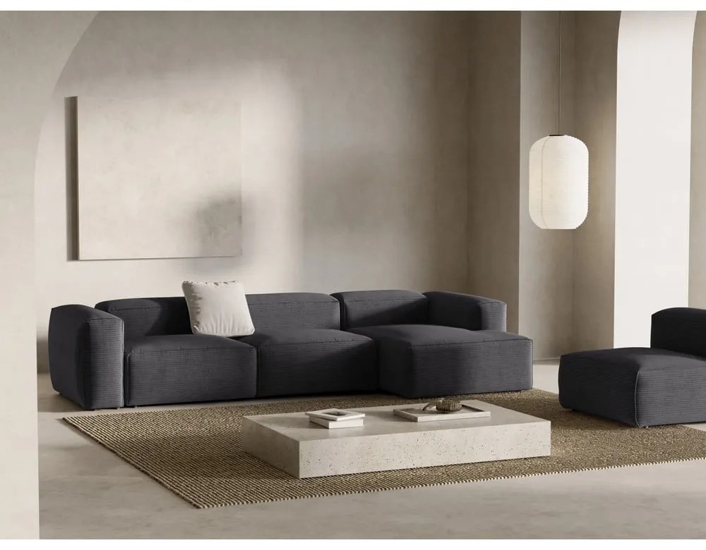 Colțar gri închis cu tapițerie din catifea reiată (cu colț pe partea dreaptă/cu șezlong) Bergamo – Cosmopolitan Design