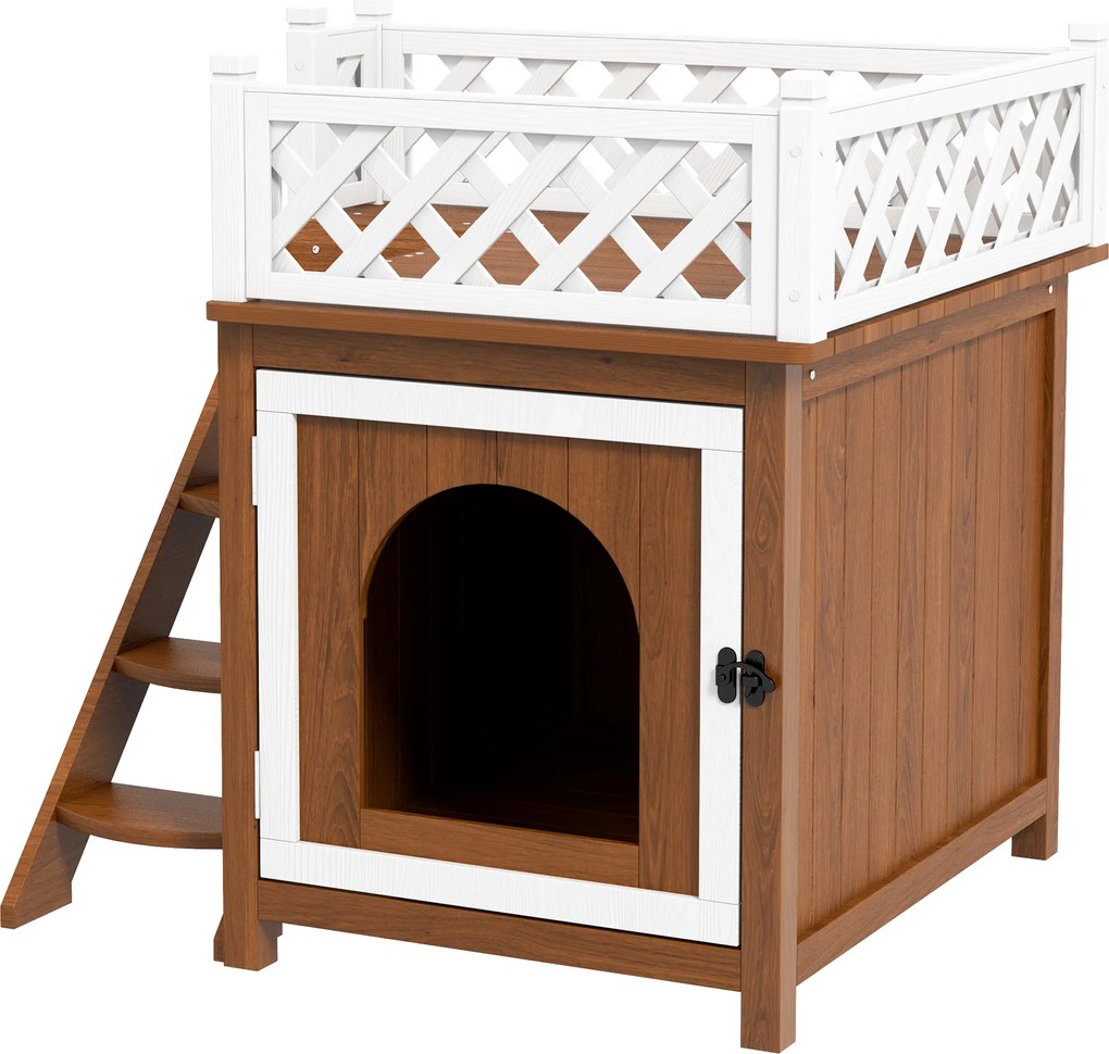 PawHut Casă pentru pisici, cu două nivele, cu balcon și scară, pentru interior și exterior, pentru pisici și iepuri, lemn de brad, Maro | Aosom Romania
