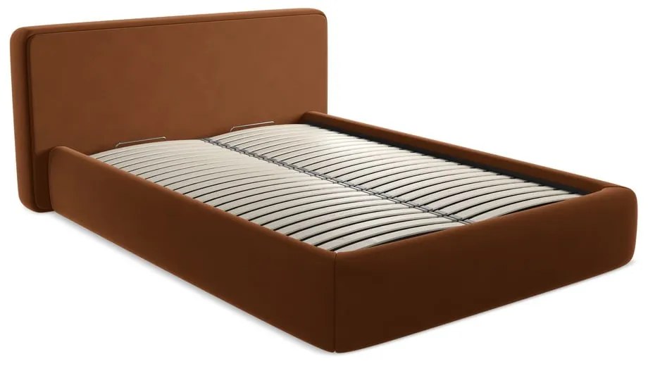 Pat matrimonial teracotă tapițat cu spațiu de depozitare cu somieră 140x200 cm Kiana – Makamii